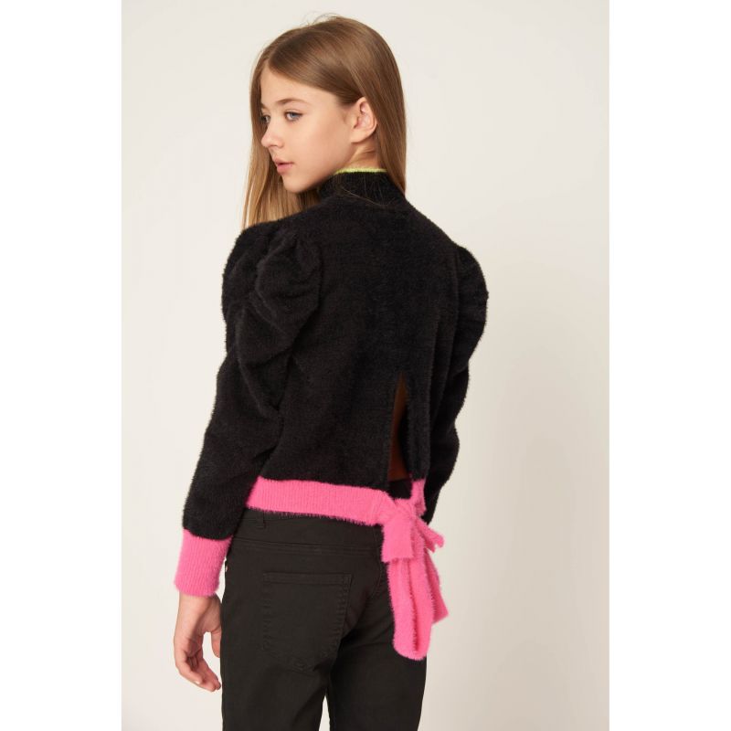 Чорно-рожевий укорочений светр із розрізом на спині для дівчинки
